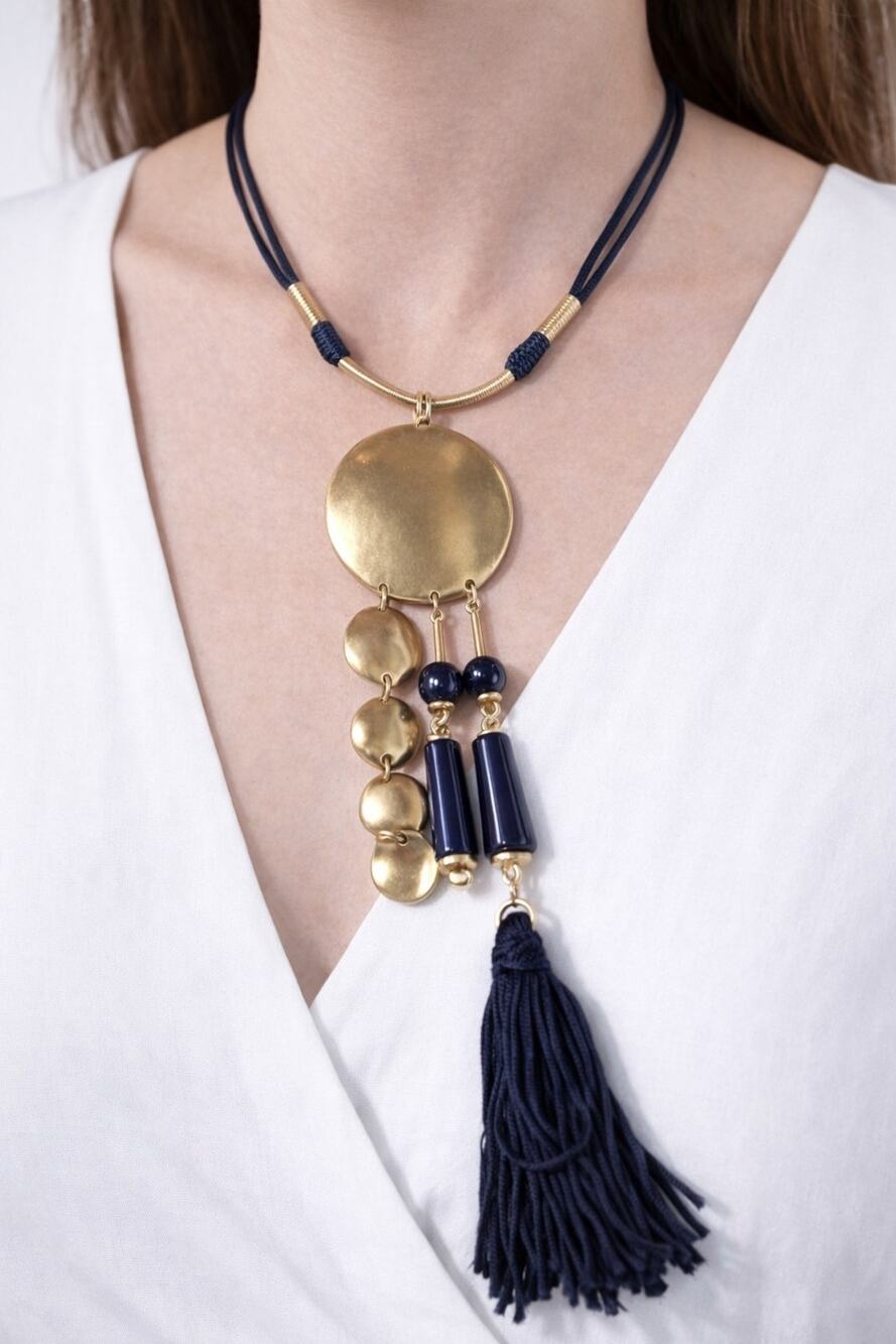 Chico’s Statement Necklace Navy Blue 8” Long Pendant Adjustable 18” Matte Gold-t